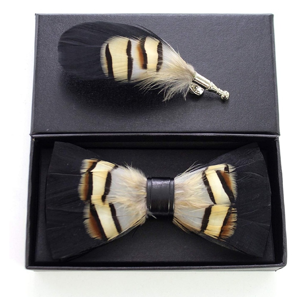 Mens Natural Feather Pre Tied Bowtie & Lapel Pin